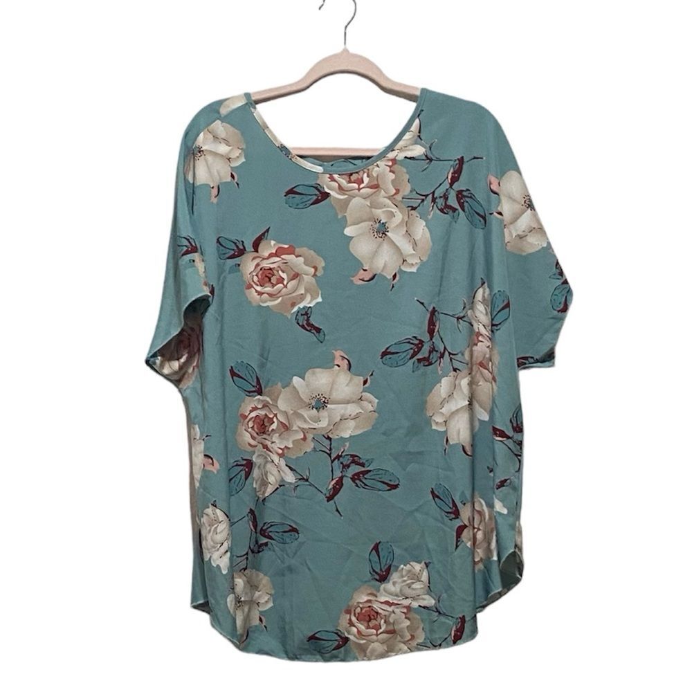 SHEIN Curve Light Blue Pink Floral Criss Cross Back Drop Shoulder Blouse
